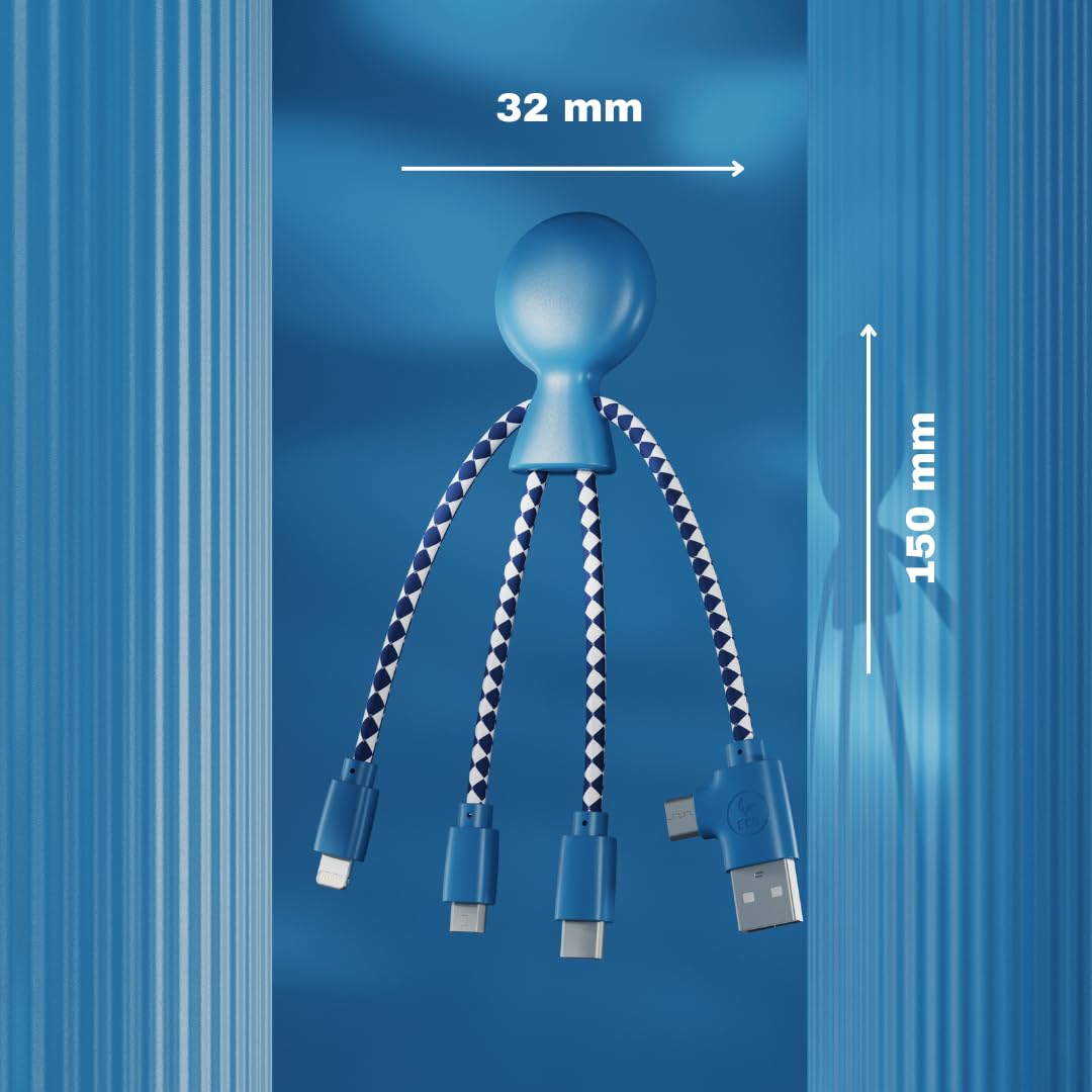 Multi USB Cable 4 in 1 - Universal Charger Made from Recycled Plastic - USB, USB-C, Lighting, Micro USB Ports - Compatible with All Smartphones Mr Bio Blue Octopus