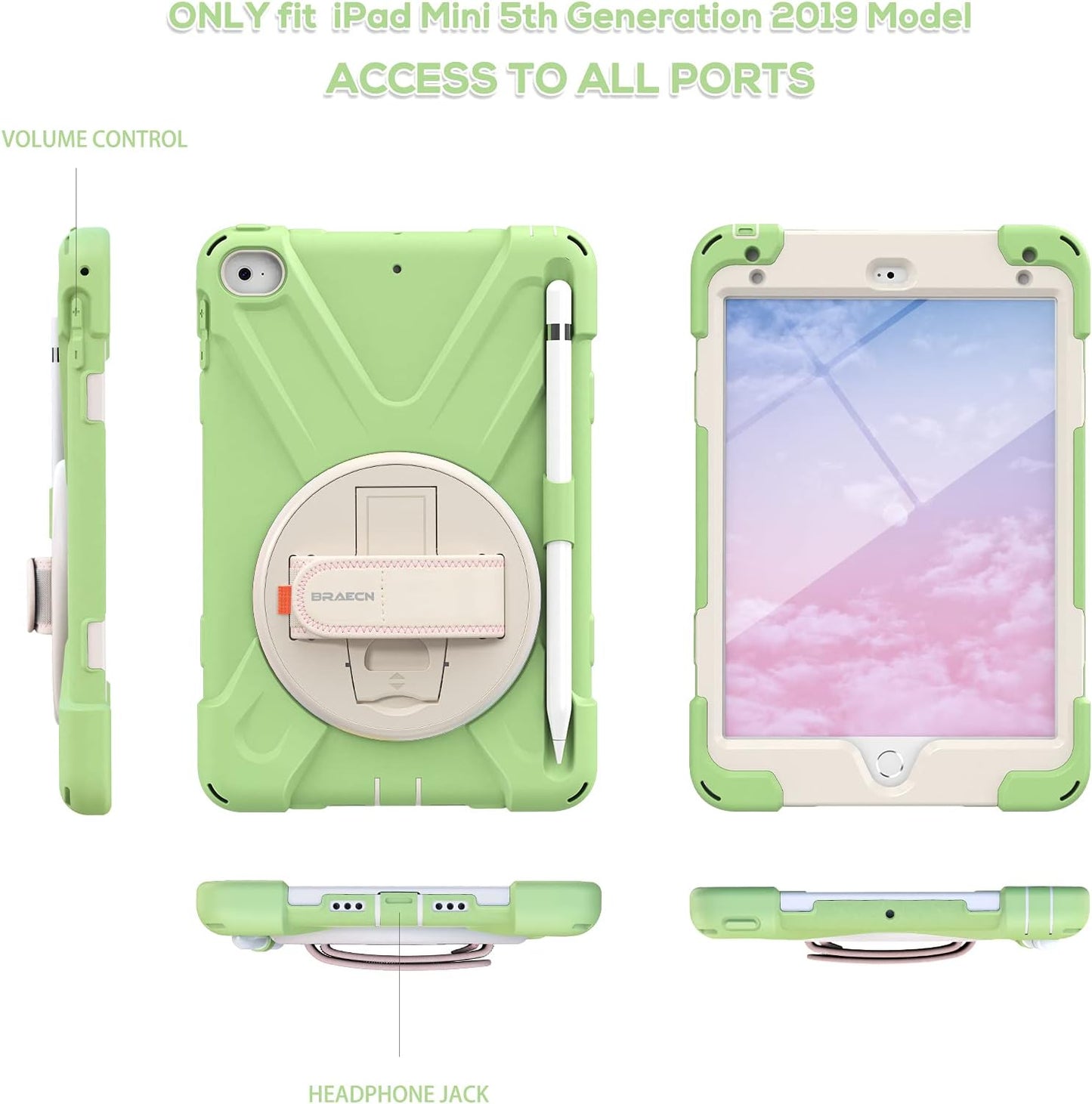 BRAECN iPad mini 5 Case,iPad mini 4 Case, Heavy Duty Shockproof Protective Rugged Case with Pencil Holder,Hand Strap,Kickstand, Shoulder Strap for iPad mini 5th/4th Generation 7.9 Inch for Kids