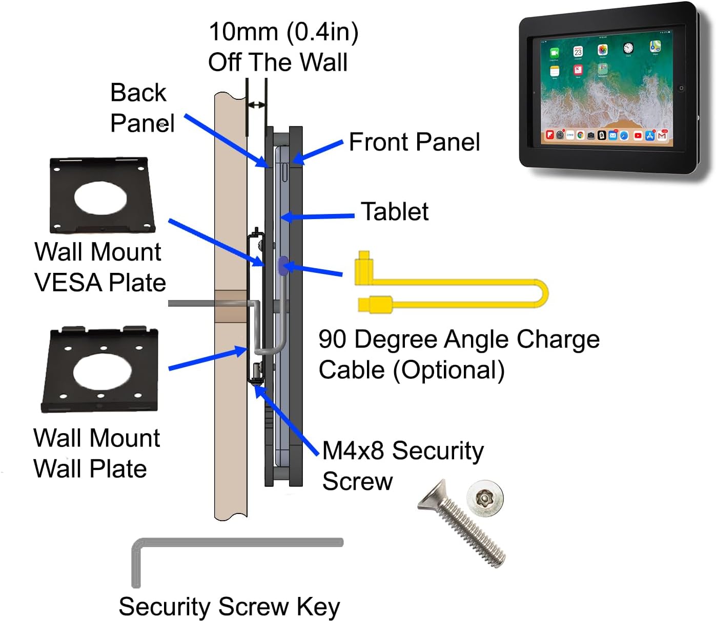 TABcare Anti-Theft Acrylic VESA Enclosure for Apple iPad Pro 11" 2024 (5th gen) with Free Wall Mount Kit & 90-Degree Angle USB C Cable (iPad Pro 11 2024, Clear)