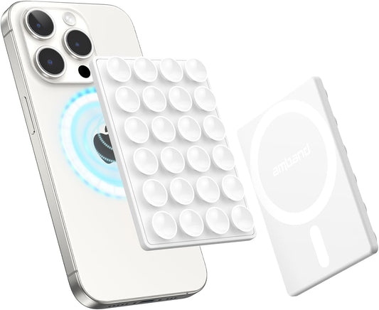 amBand Magnetic Suction Mirror Window Phone Holder, Sticky Grip Double Sided Mount for iPhone, Gym Bathroom Kitchen, Hands-Free for Makeup FaceTime Shower Viewing with MagSafe Accessories, Frost White