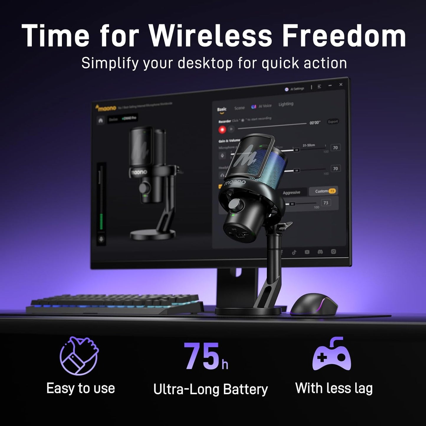 MAONO Wireless Gaming Microphone for PC, Condenser USB Mic with Software AI Voice Change,3-Level Noise Cancellation,Custom RGB, for Streaming Recording Podcast PS5 PS4 Twitch YouTube (DM40 Pro-Black)