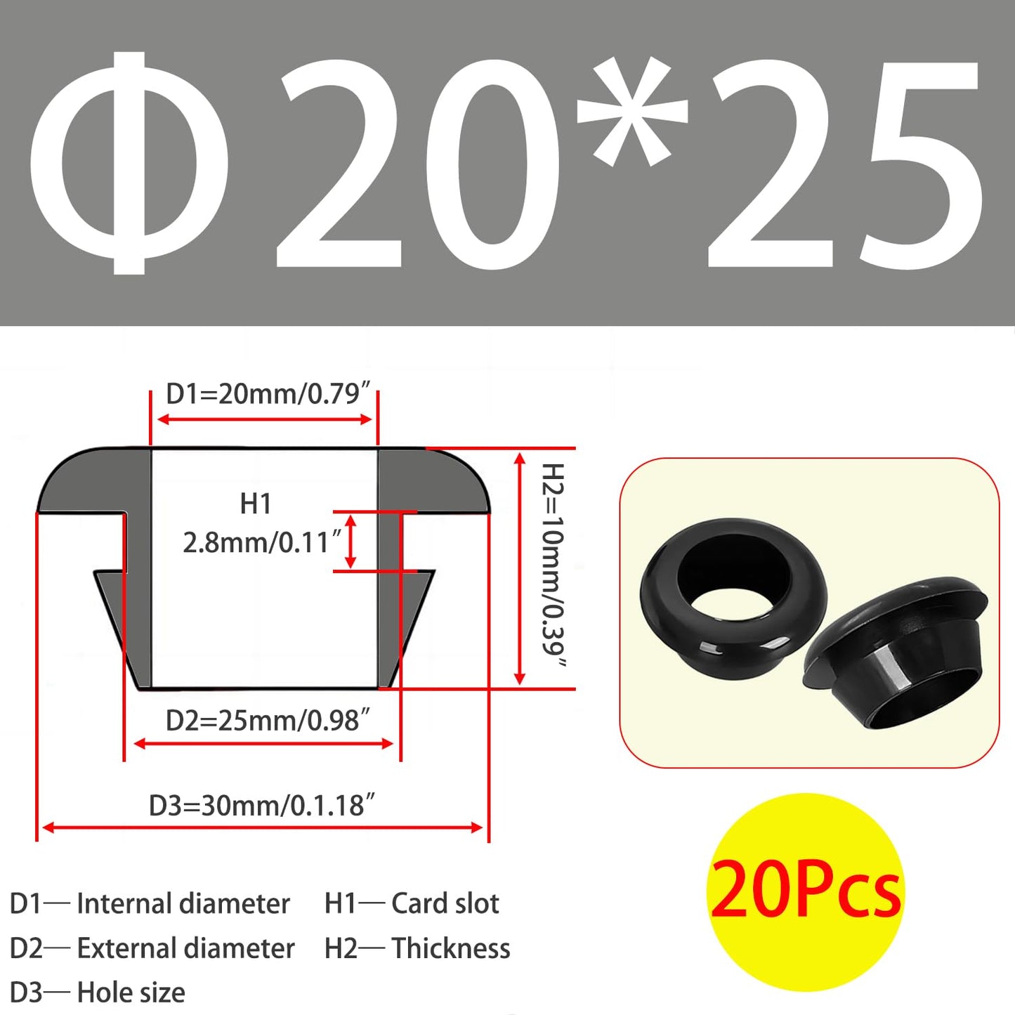 Qrity 20 PCS Rubber Grommets Cable Railing, Car Grommet, Cable Railing Protective Sleeves for Metal Posts, ID 20mm Mount Dia 25mm