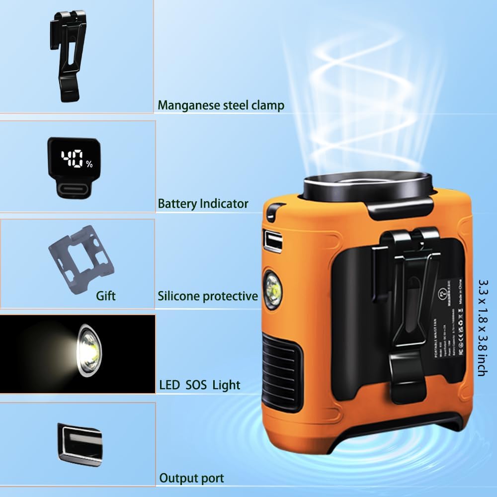 CAZOKASI Personal Fan 10000mAh Waist Clip Portable Rechargeable Wearable Hand Free, 6-40hours Wearable Cooler for Traveling Working Outdoor Office (10000mAh / Orange)
