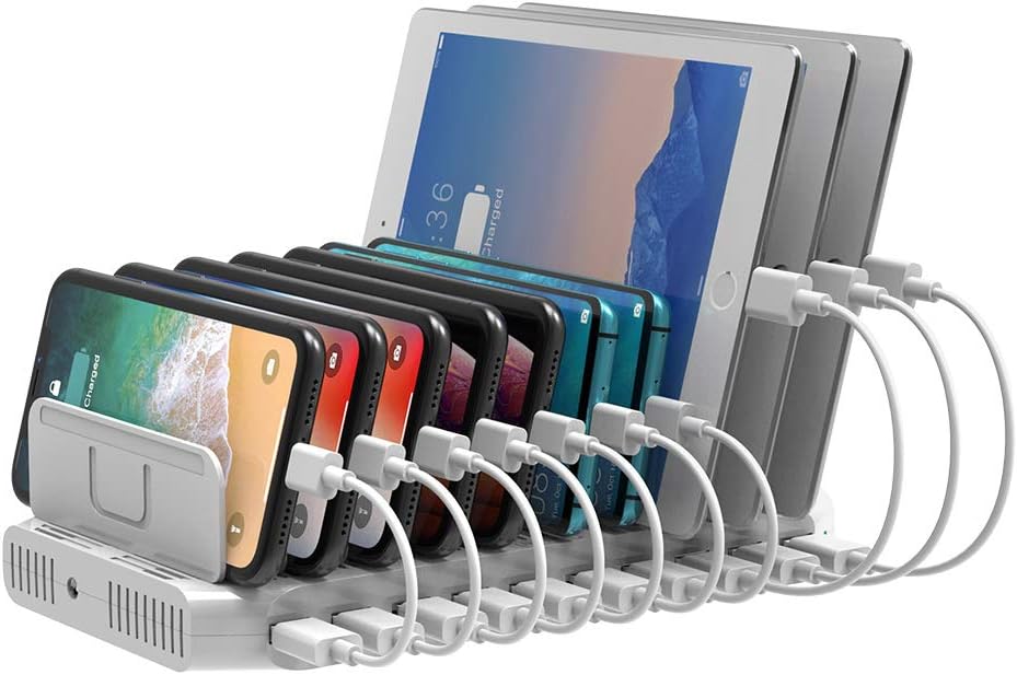 Unitek Phone Organizer and Charging Station for Multiple Devices, 10 Port USB Charging Station Dock with Adjustable Dividers and Smart IC