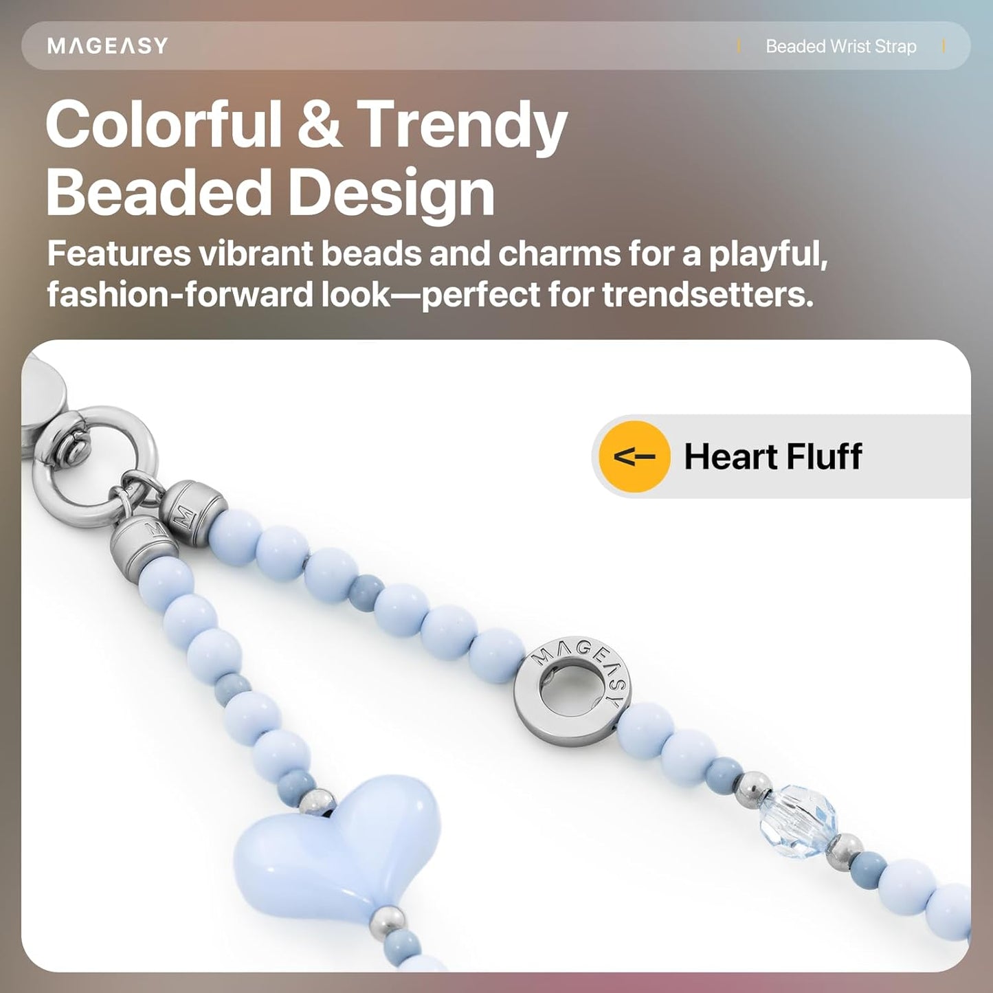 MAGEASY Beaded Phone Charm for Women - Cell Phone Wrist Strap with Teather Tab, Designed for iPhone & Android Phones, Keychain, Camera - Heart Fluff