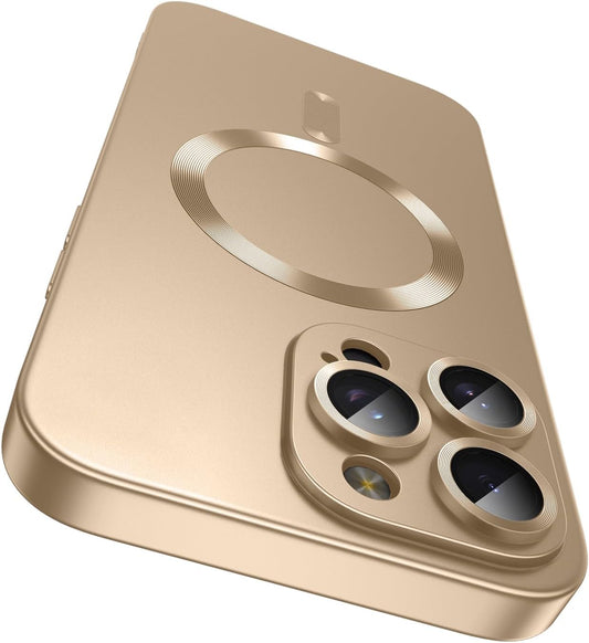 Magnetic for iPhone 16 Pro Max Case [Compatible with MagSafe][Built-in Camera Lens Protector] Slim Soft Silicone Bumper Shockproof Metallic Luster Phone Case (Gold)