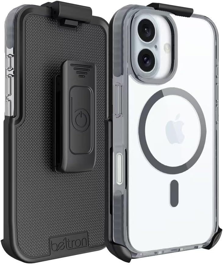 BELTRON Belt Case for iPhone 16 Plus, Slim Protective Transparent Case & Rotating Belt Clip Holster Combo (Compatible with MagSafe)