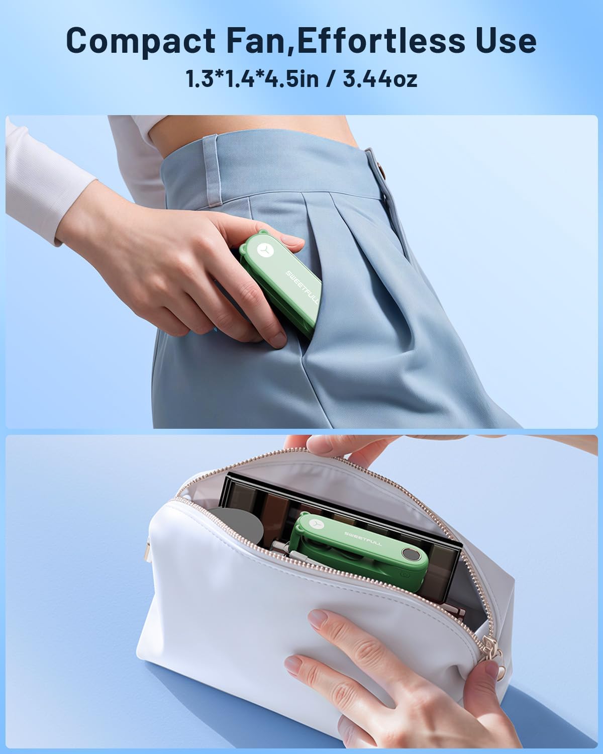 SWEETFULL Portable Handheld Mini Fan with LED Display, 3-in-1 Personal Foldable USB Rechargeable Hand Held Fan & Flashlight for Travel, Lash Eyelash, Cute Small Pocket for Women, Girls