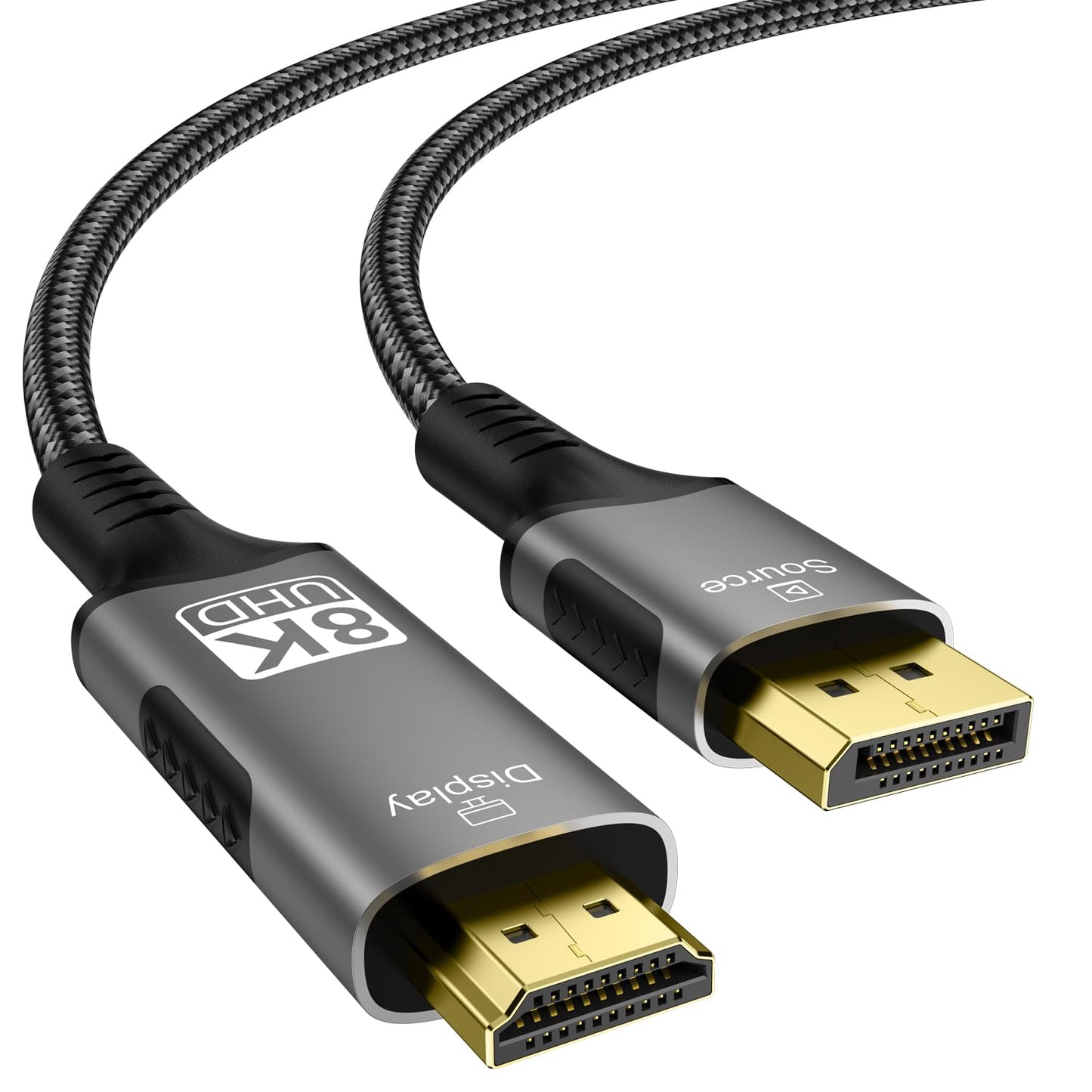 FDBRO 8K DisplayPort to HDMI Cable Active 8K@60Hz 4K@120Hz 32.4Gbps, Uni-Directional, DP 1.4 to HDMI 2.1 Cord Support HDR/HDCP 2.2/DSC 1.2 for Gaming Monitor, TV, PC (Gray & Black, 2M (6.6FT))