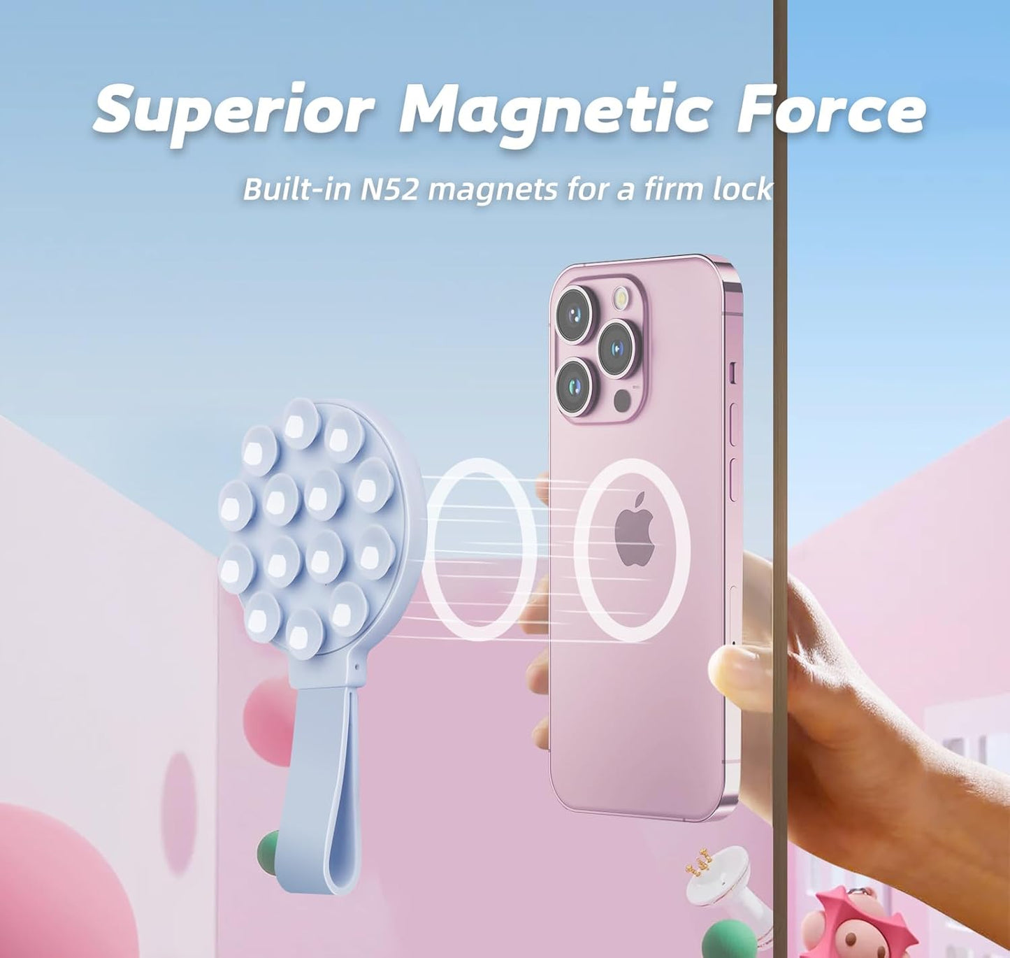 Magnetic Suction Phone Case Mount, Silicone Suction Cup Grip Stand for MagSafe Case, Hands-Free Phone Holder for iPhone 16/15/14 Pro Max, TikTok Videos, Selfies, Women Gift (Light Pink)911001A (Blue)