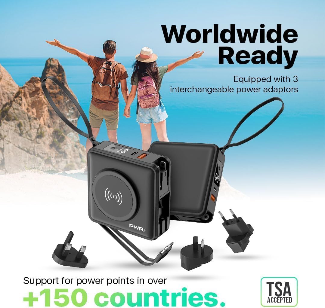 PWR Travel PRO 5-in-1 Power Bank – 10,000mAh with Built-in Cables – 20W USB-C + 15W Wireless Charging – Compact Portable Charger for iPhone & Android- Black