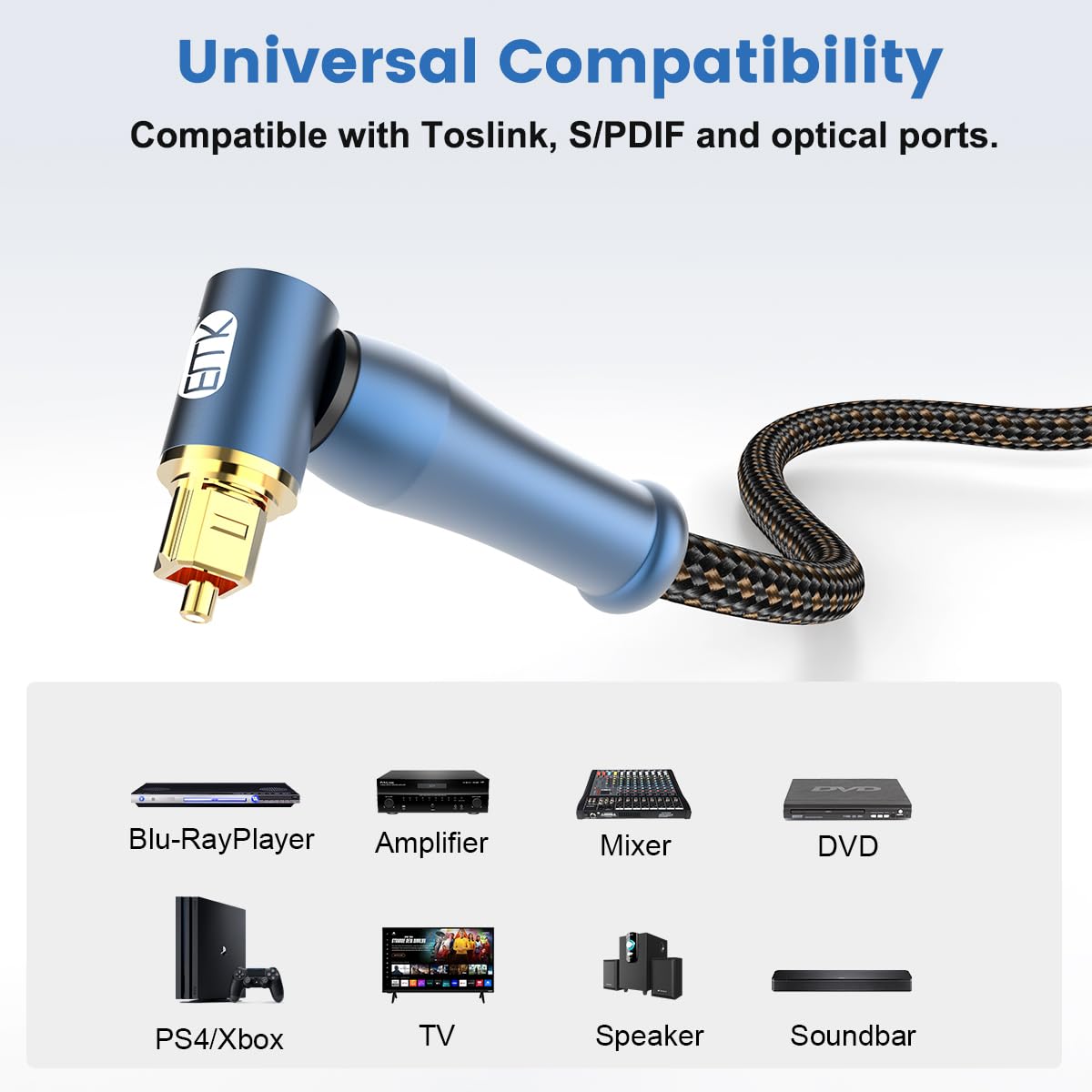 EMK 90 Degree Toslink Optical Cable 24K-Gold Connector 360 Degree Free-Rotating Plug Fiber Optic Cable S/PDIF Toslink Male to Male for Home Theater, Sound Bar, TV, PS4, Xbox (Blue,6.6ft/2m)