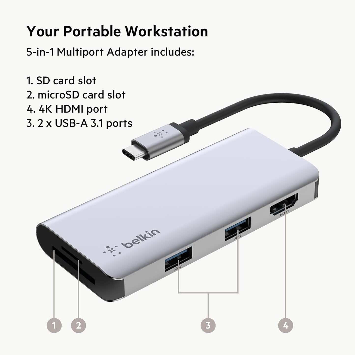 Belkin USB-C Hub, 5-in-1 MultiPort USB-C Docking Station for MacBook & Windows w/ 4K HDMI 1.4, 2x USB-A 3.1, SD 3.0, & Micro SD 3.0, & 5Gbps Data Transfer for Home, Office, & Travel, PVC002