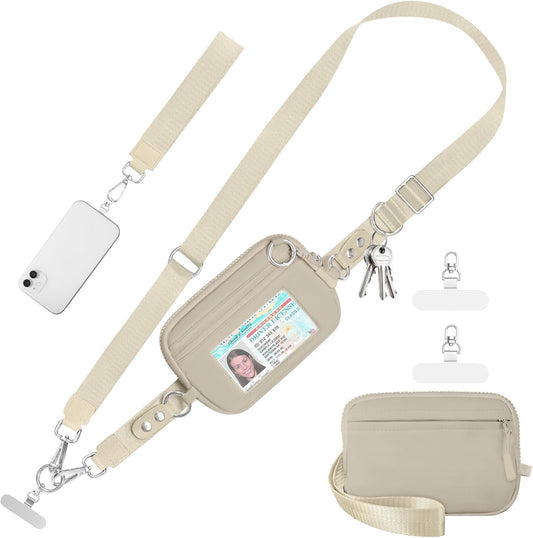Clip and Go Strap for Phone with Wallet Crossbody Phone Lanyard Adjustable and Detachable RFID Wristlet Wallet with ID Window and Zipper, Khaki