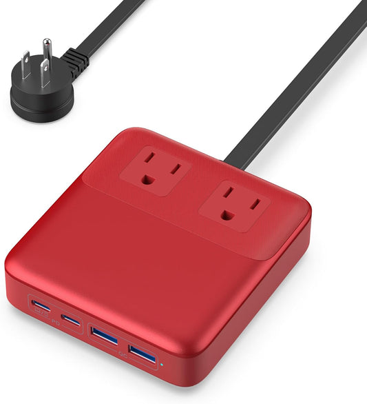 USB C Charger Block,135W GaN IV Fast Charging Station Hub,6-in-1 USB C Power Strip with Flat Plug and 5ft Cord,2 AC,2 USB A,2 USB C,PD 65W Laptop Charger for MacBook Air/Pro,iPhone16/15,Samsung-Red