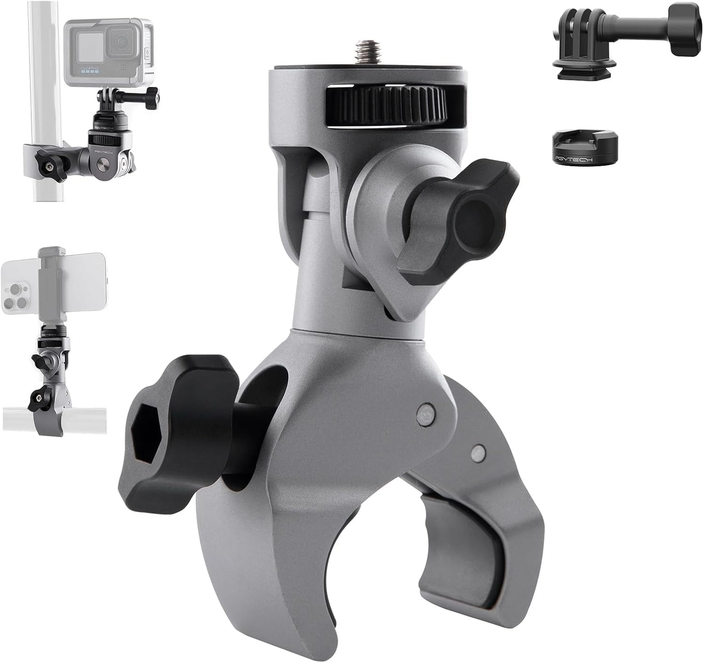 PGYTECH CapLock Super Clamp Mount, Aluminum Alloy Bracket for Insta360 Ace Pro2/X5/X4/X3, Crab Heavy Duty Clamp with 1/4" Screw for Gopro 13/12/11/Osmo Action 5 Pro/4/3/Pocket Action Camera
