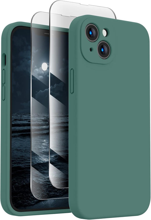 FireNova Designed for iPhone 13 Case, Silicone Upgraded [Camera Protection] Phone Case with [2 Screen Protectors], Soft Anti-Scratch Microfiber Lining Inside, 6.1 inch, Midnight Green