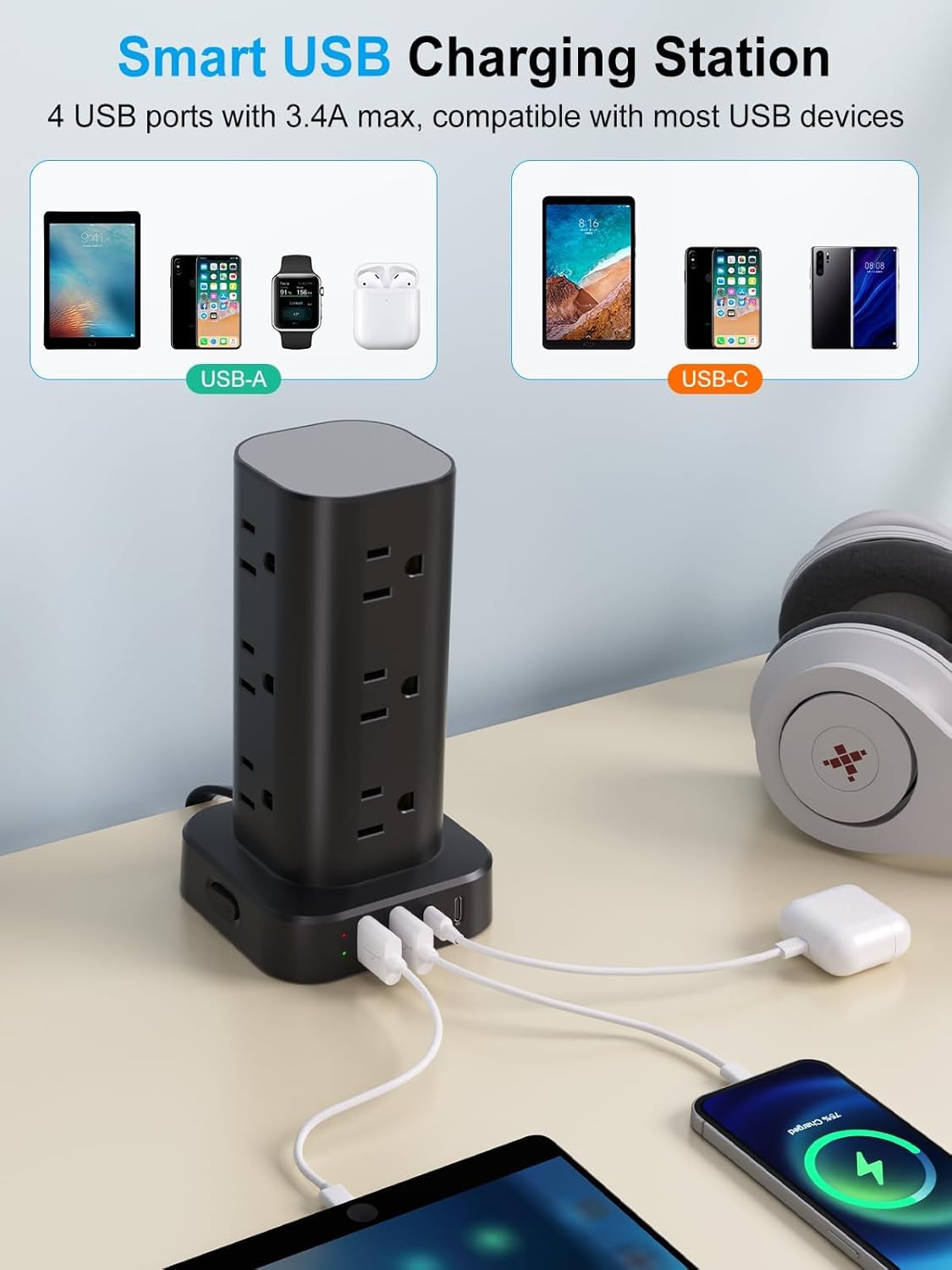 Power Strip Tower with Multiple Outlets, Flat Plug Surge Protector Tower Extension Cord with 12 AC Outlets 4 USB Ports (2 USB C), 15FT Cord Power Tower Surge Protector for Home Office Dorm Room, Black