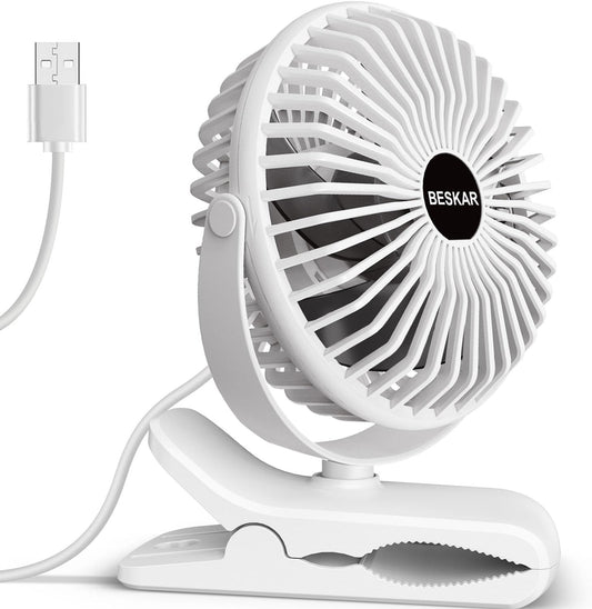 BESKAR Clip on Fan, 360° Rotation Quiet Stroller Fans with Strong Airflow,3 Speeds, Portable Small Fans with Sturdy Clamp,Perfect Personal Cooling Fan for Office Table Bedroom Kitchen