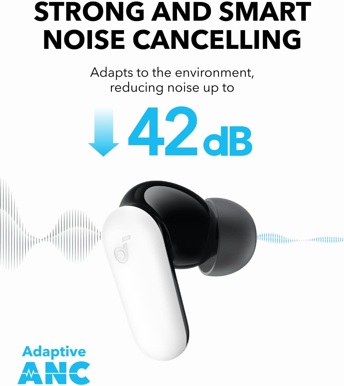 Soundcore P30i by Anker Noise Cancelling Earbuds, Strong and Smart Noise Cancelling, Powerful Bass, 45H Playtime, 2-in-1 Case and Phone Stand, IP54, Wireless Earbuds, Bluetooth 5.4 (White)