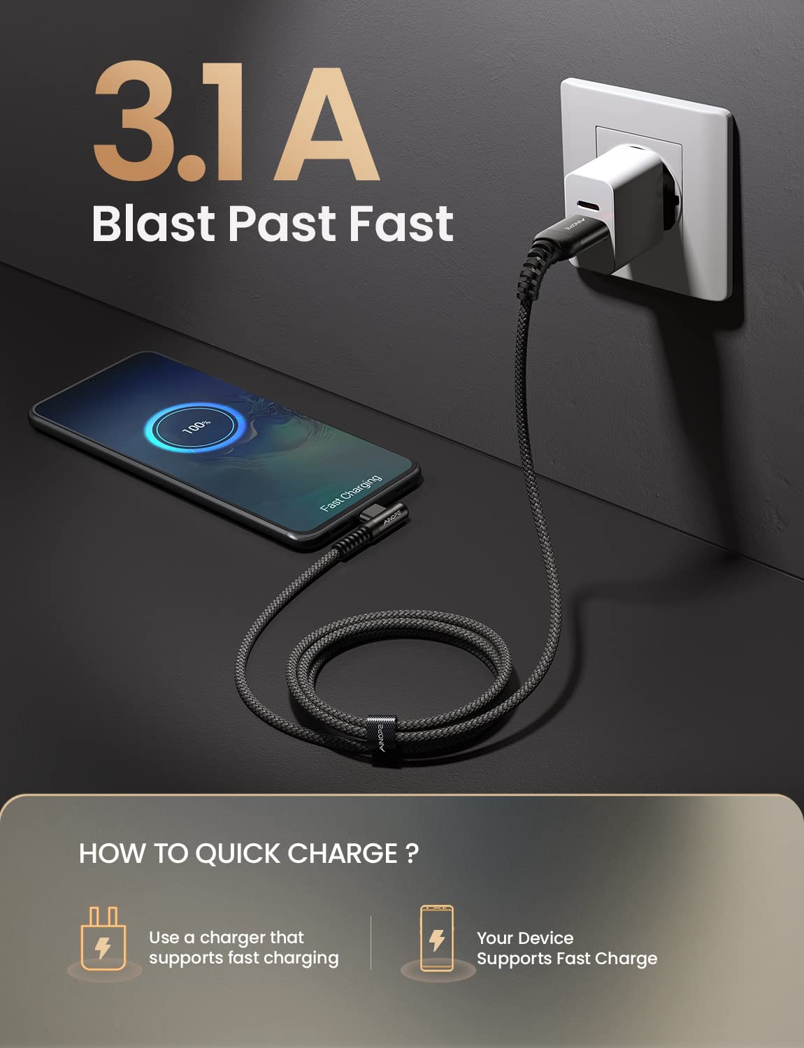 AINOPE USB Type C Cable 5-Pack [10/6.6/6.6/3.3/1.6ft] 3.1A C Type Charging Cable Right Angle, Nylon Braided USB C Cable Compatible with Galaxy S22 S20 Plus, Note 20, LG V20, Type C Charger Black