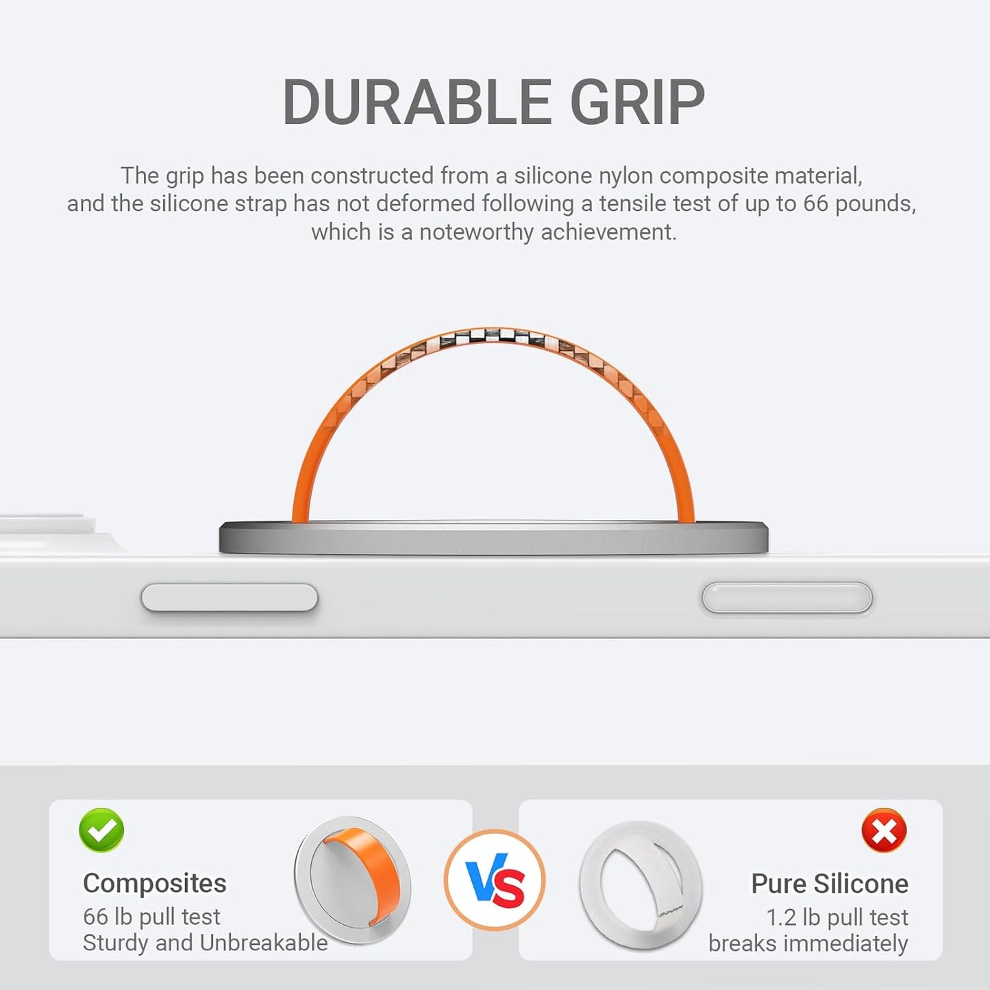 Grat 3 Lite Magnetic Phone Loop, [Nylon-core Silicone Strap] 360° Rotatable Phone Grip, Detachable Finger Holder Compatible with Magsafe for iPhone 16 15 14 13 12 Pro/max, Silver