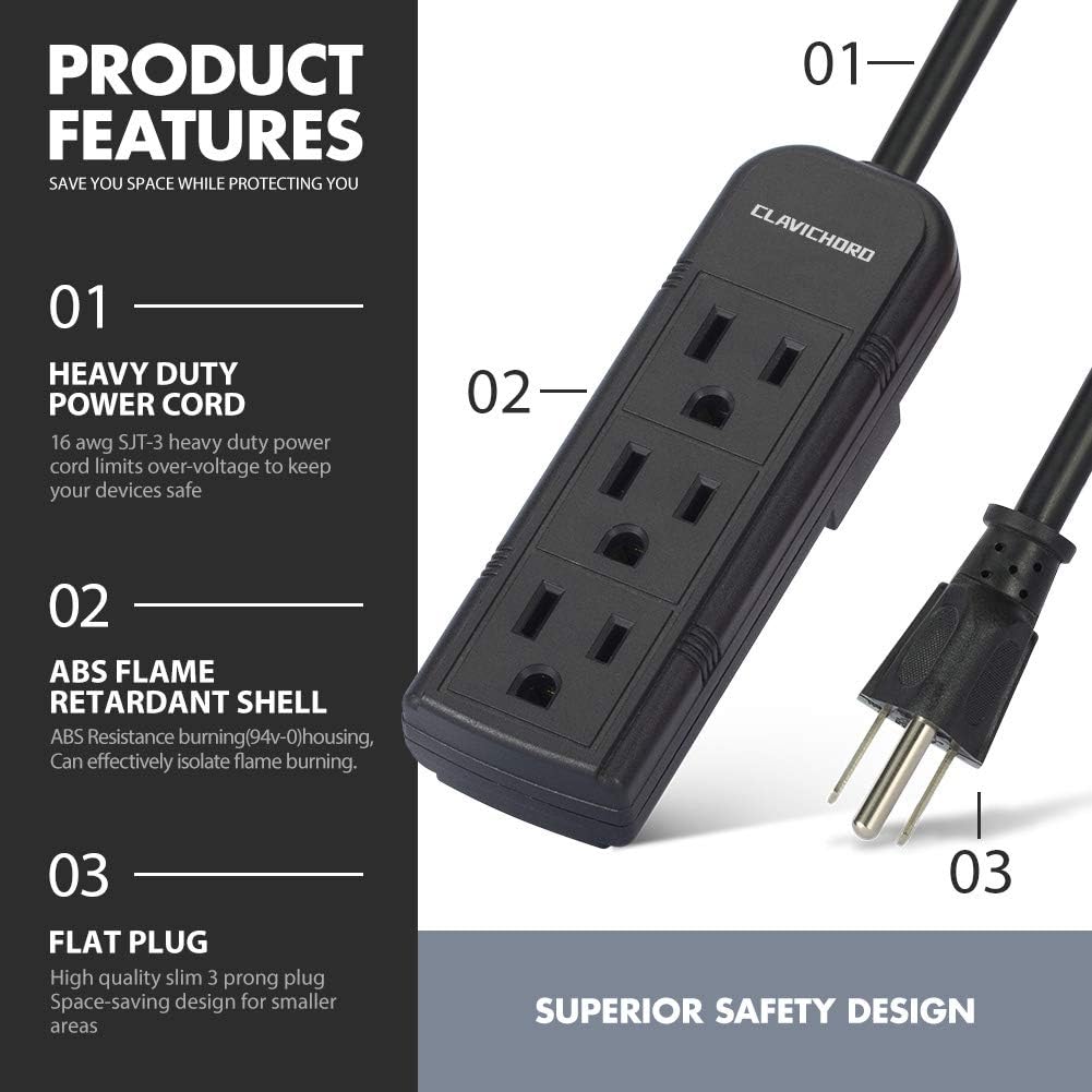 Power Strip with Flat Plug - 3 Ground Outlets 7 Inch Heavy Duty Braided Extension Cord Flat Plug Mountable Outlet Strip for Computer/Home/Office