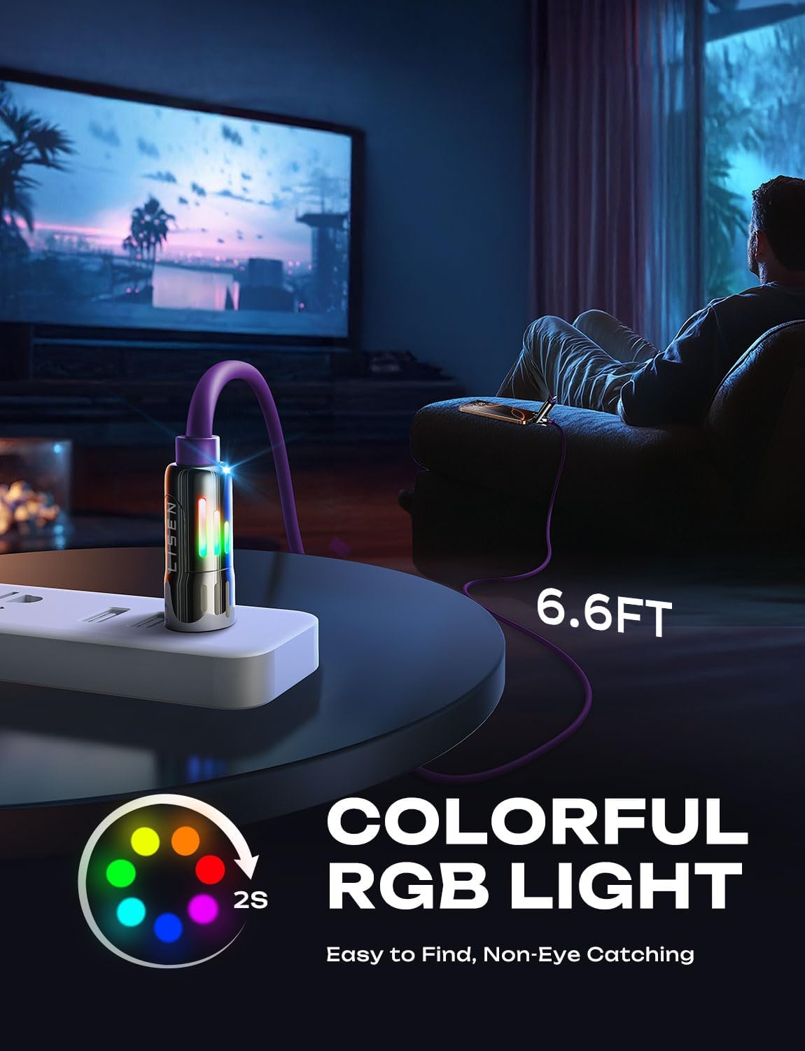 LISEN 240W Chubby USB C to USB C, 4 in 1 Charging Cable (6.6FT) with Light, USB A/C to C/L Multi Charging Cable for iPhone 16 15 14 Pro Max/MacBook/iPad Pro/SamSungS24,Purple