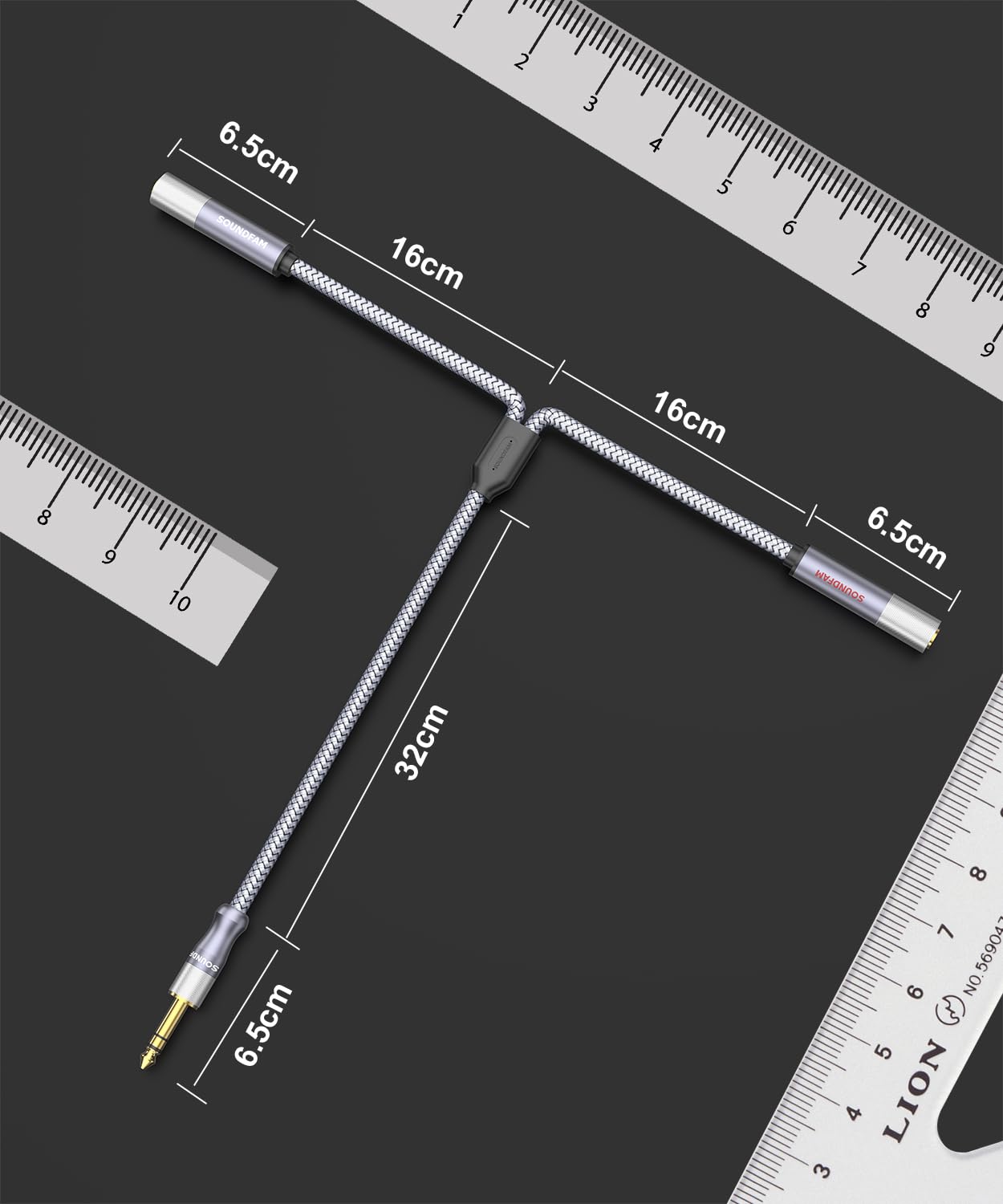 Microphone Splitter 2 Feet/60CM TRS 1/4 inch Splitter 1 Male to 2 Female, 6.35mm Stereo Male Plug to Dual 6.35mm Female-Grey (1PACK)