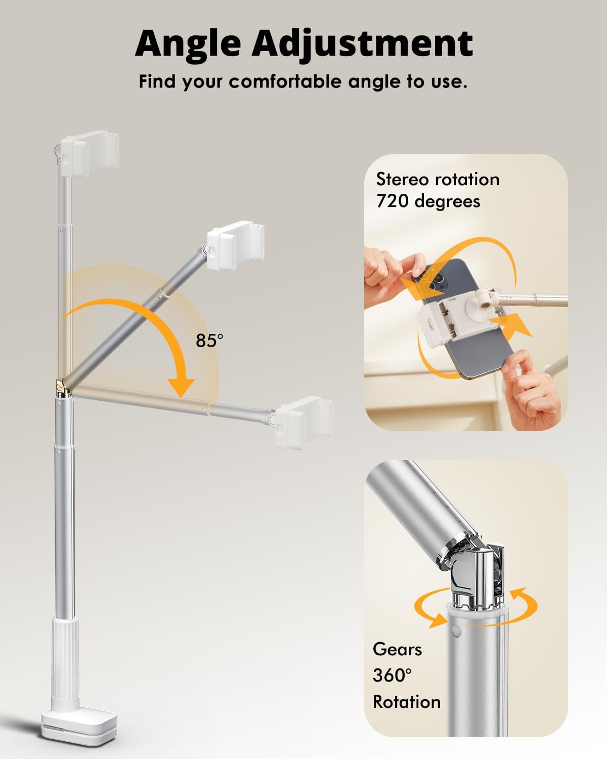 Phone Holder for Bed, 360° Rotation Cell Phone Stand, Flexible Long Arm Headboard Bedside Clip, Multi-Functional Overhead Phone Mount for 3.5-11" Phones, Tablets, Kindle, White