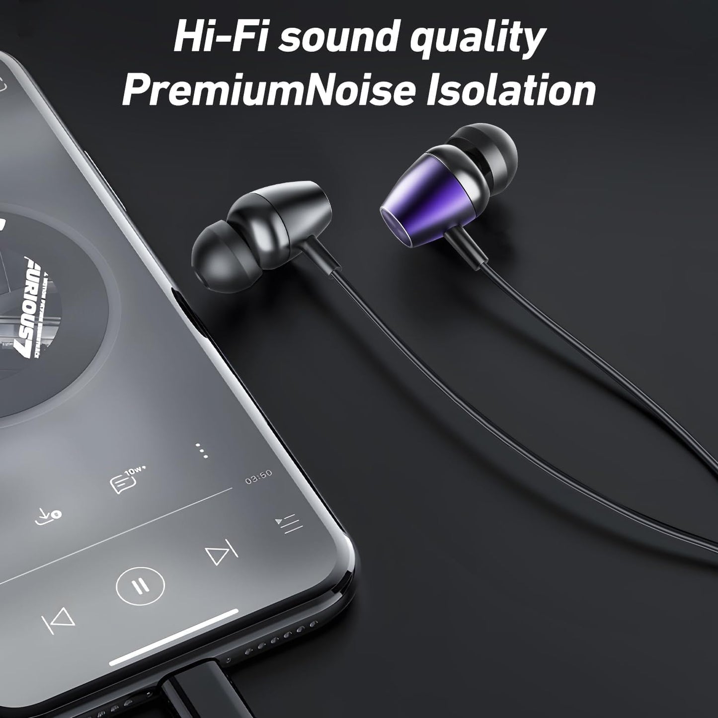 Keyron Lightning Headphones for iPhone [MFi Certified],Wired Earbuds with Built-in Microphone & Volume Control, Earphone Compatible with iPhone 14/13/12/11/XR/XS/X/8/7/SE/Pro/Pro Max, Black/Purple,2Pc