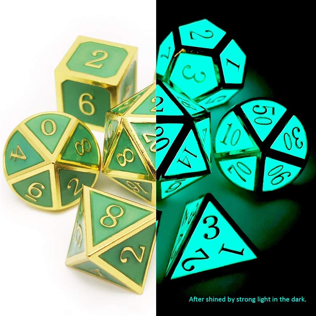 Haxtec Glow in The Dark Glowing Blue Metal Dice Set D&D W/Dragon Dice Bag 7PCS DND Dice Set Compatible with Dungeons and Dragons RPG Games-Gold Glowing Blue-V2