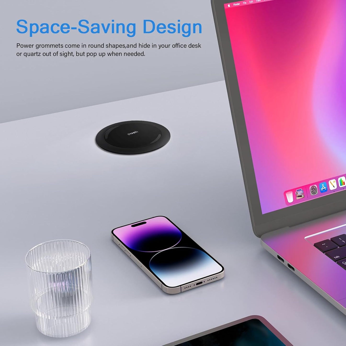 Pop up Outlet for Countertop,65W USB C Fast Charging Port,2.5-inch Hole Desktop Power Grommet,Recessed Power Strip,4 Outlets 4 USB Ports,15Amp Tamper Resistant Receptacle，ETL Listed (Black)