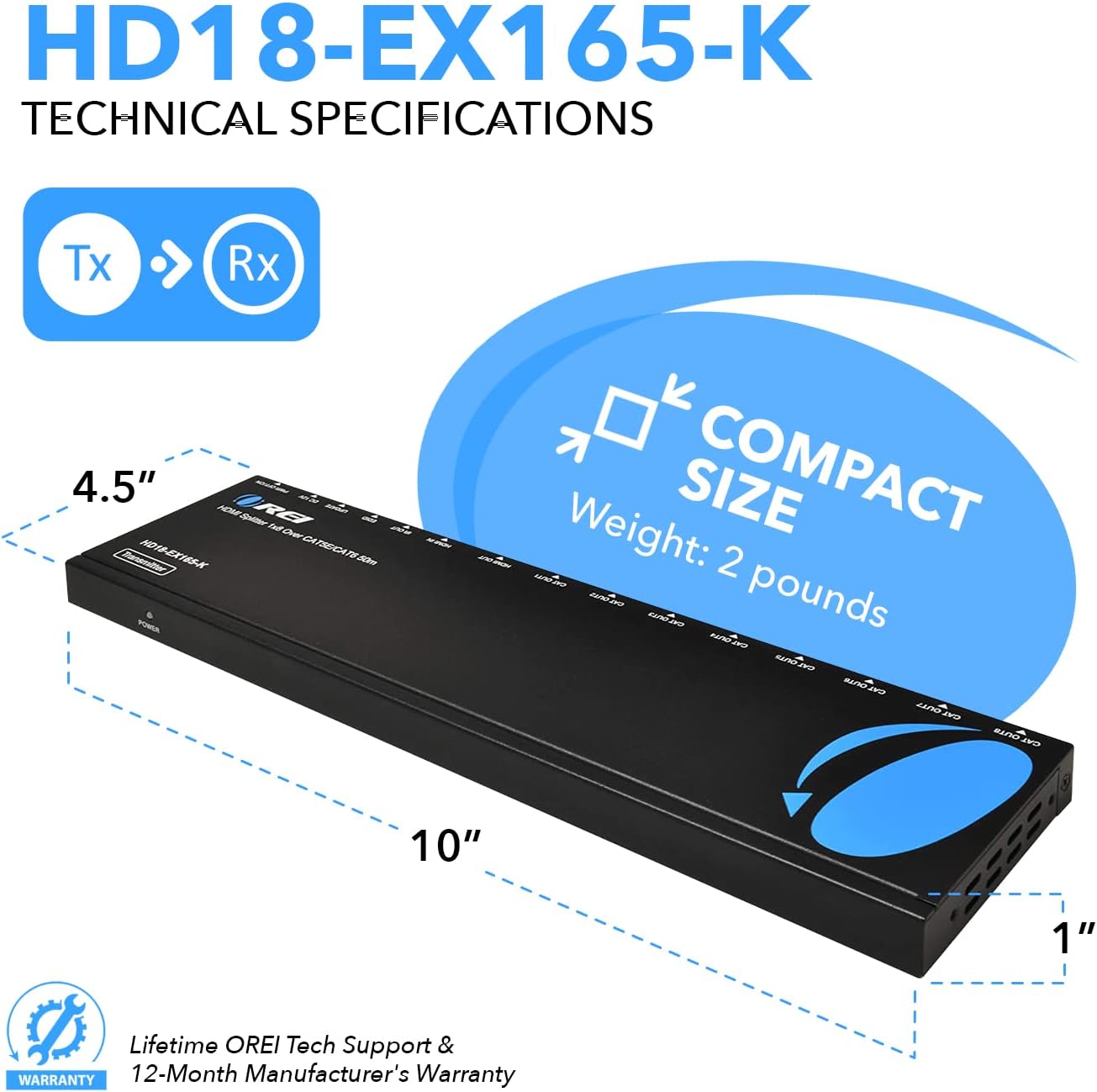 OREI 4K 1x8 HDMI Extender Splitter Multiple Over CAT 6/7 Cable with EDID management - 4K@30Hz upto 165ft and 1080p@60Hz upto 230ft- Loop Out
