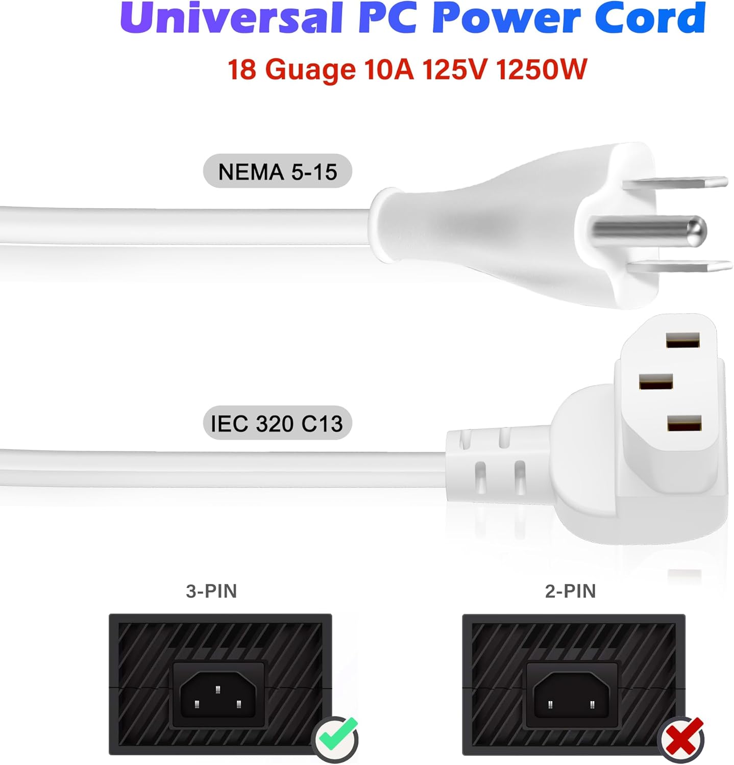 Adoreen 20 Ft Computer TV Replacement Power Cord White, 90 Degree Angled L-Shaped 18AWG 3-Prong AC Universal Power Supply Cable NEMA 5-15P to IEC 320 C13 for Printer, PC, Monitor TV LCD, ETL+Ties