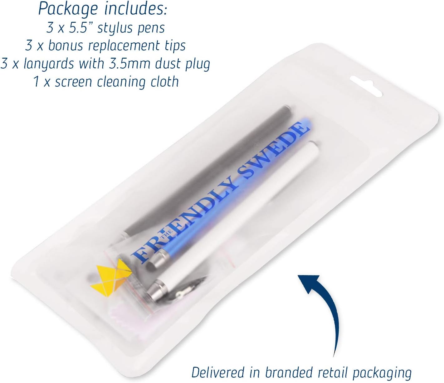 The Friendly Swede Stylus Pen for Touchscreen — 3-Pack 5.5" High Precision Stylus Pen with Replaceable Thin Tips, Elastic Lanyards & Screen Cleaning Cloth - Black/Blue/White