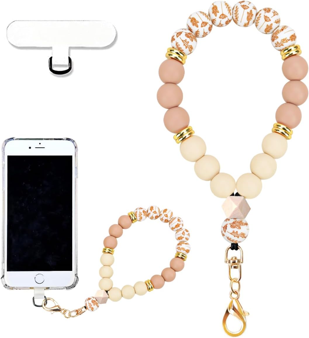 Marble Silicone Beaded Phone Wrist Strap, Cellphone Lanyard with Tether Tab, Elastic Hands-Free Wristlet Bracelet