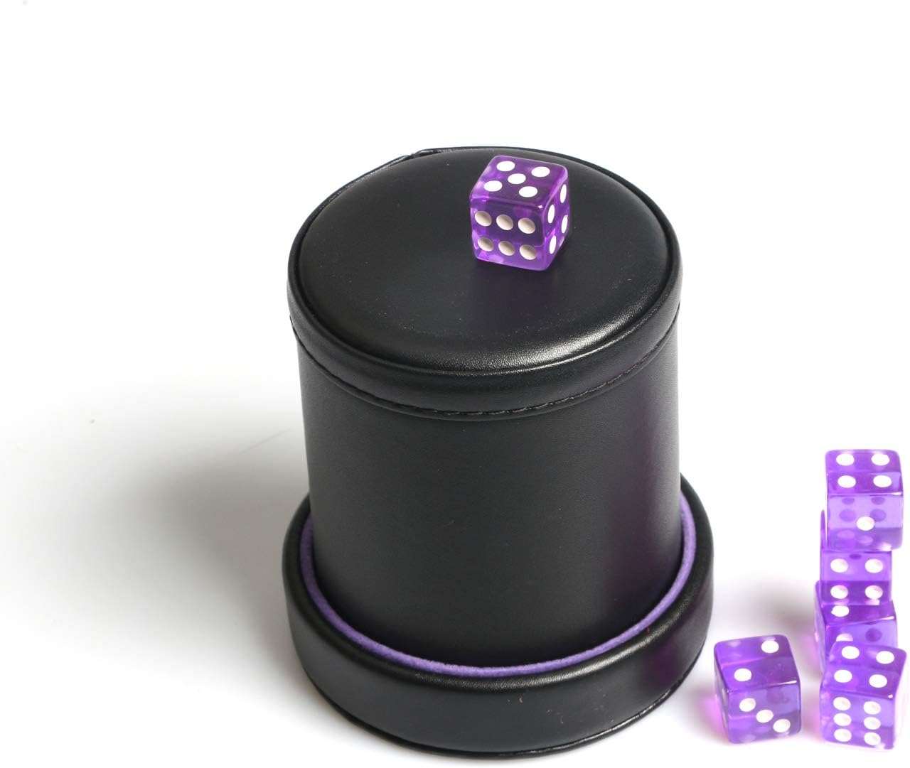 PU Leather Dice Cup Purple Velvet Lined Quiet Shaker with Lid Including 6 Purple Translucent Dice for Liars Dice Farkle Yahtzee Board Games