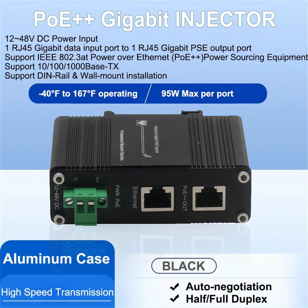 Industrial PoE++ Gigabit Injector 12-48VDC Input - Din Rail/Wall Mount,IEEE 802.3 at,Outdoor Rated Networking Power Supply 95W Ethernet Over Power for Industrial Devices and Camera