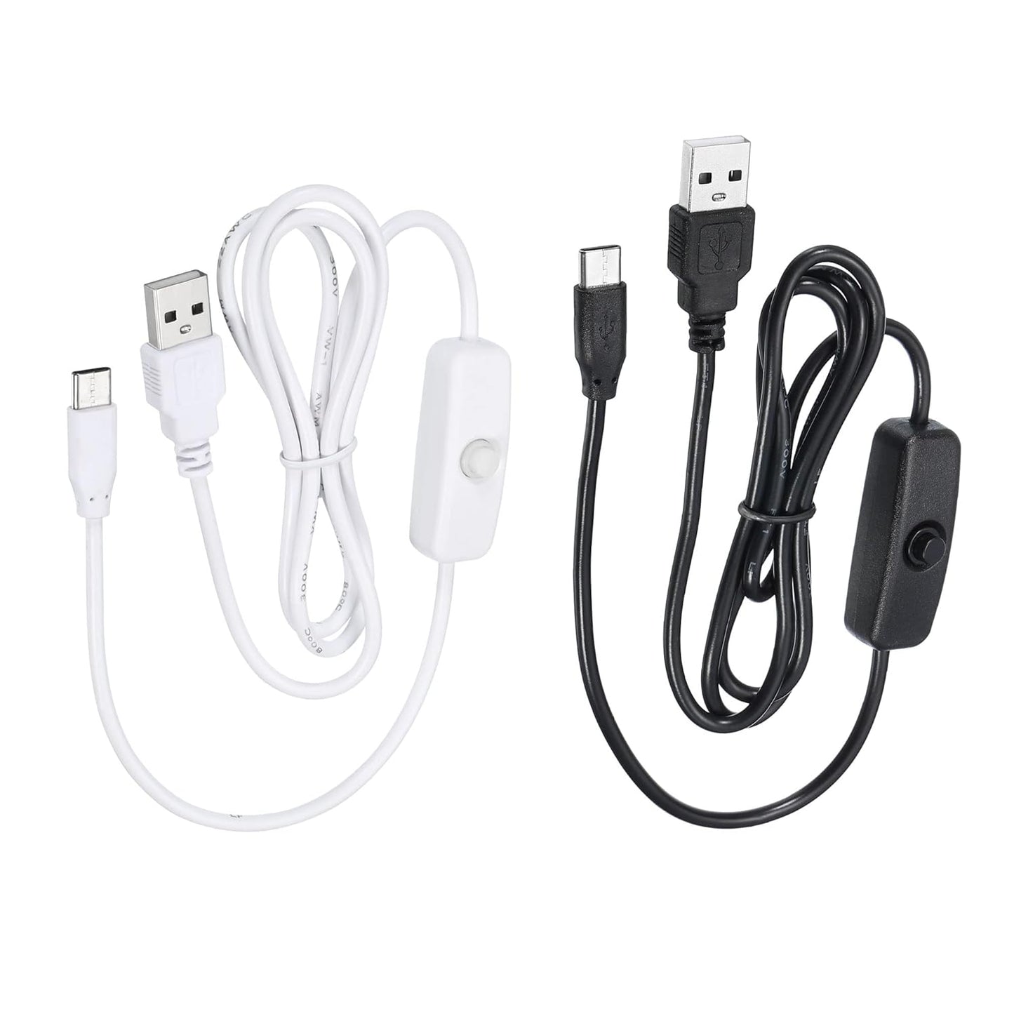 MECCANIXITY USB Cable with 501 ON/Off Switch, USB Male to USB Type C Male Power Cable 100cm for LED Desk Lamp LED Strip Black White 2 Set