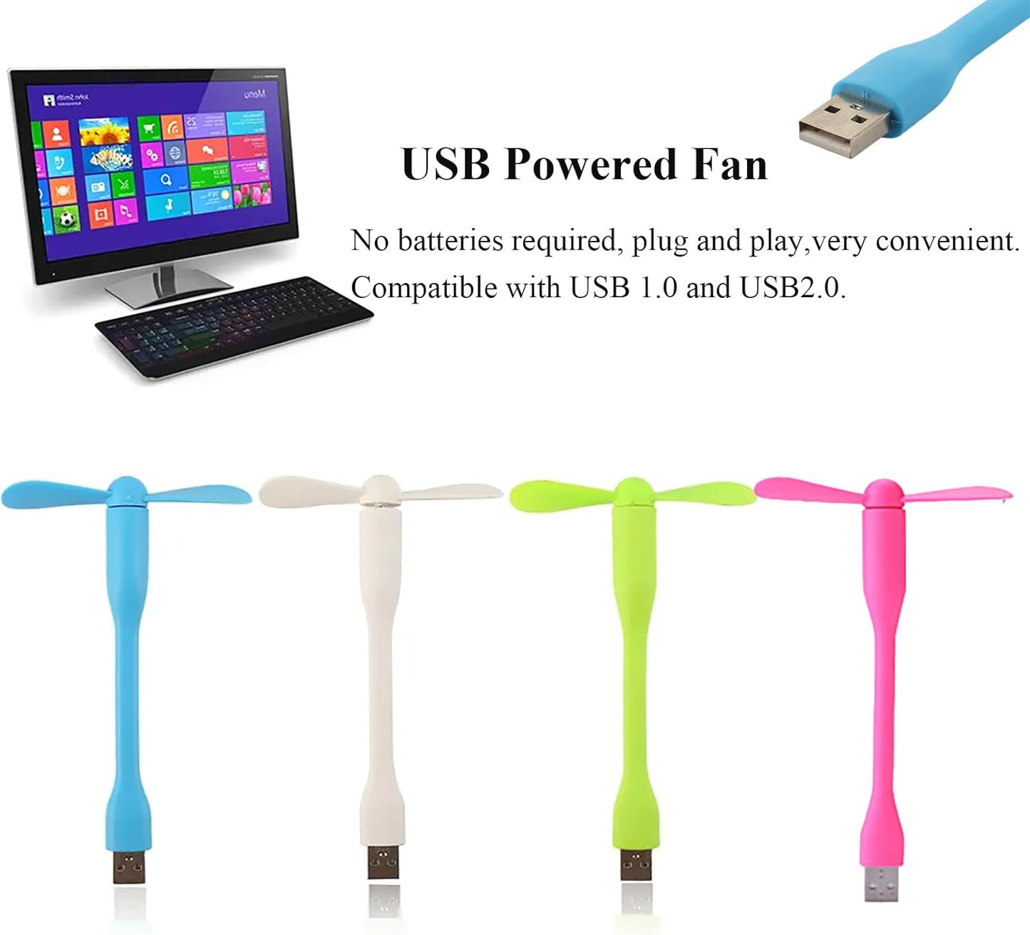 Mini USB Fan, Portable Pocket Fan USB-A Powered Little Cooler, Quiet Operation, for Home Office Car Outdoor Travel- 4 Pack (Blue+ White+ Green+ Pink)
