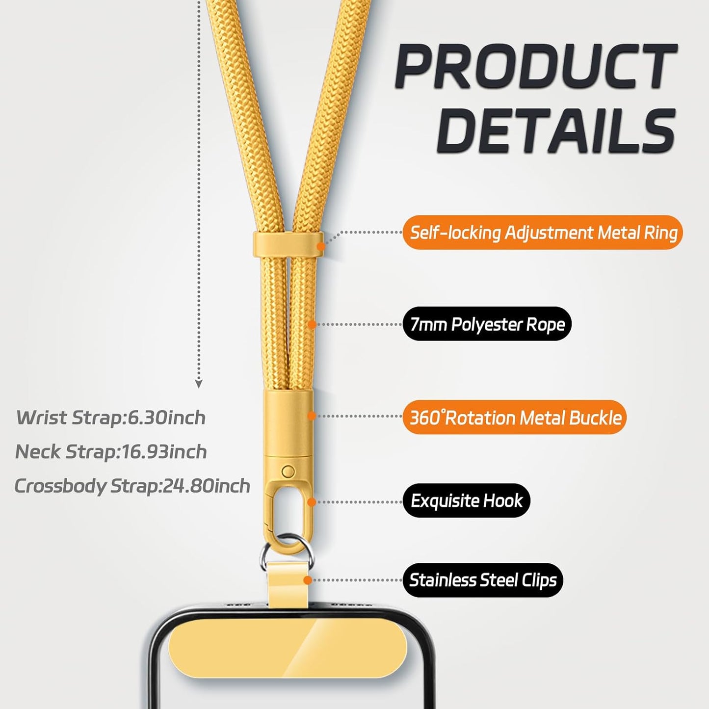 2 Pack Phone Lanyard,2×Phone crossbody strap,4×Tether Tabs,Universal Cell Phone Multifuctional Patch Polyester Lanyards,Cell Phone Lanyards for Women and Men(blue+yellow)