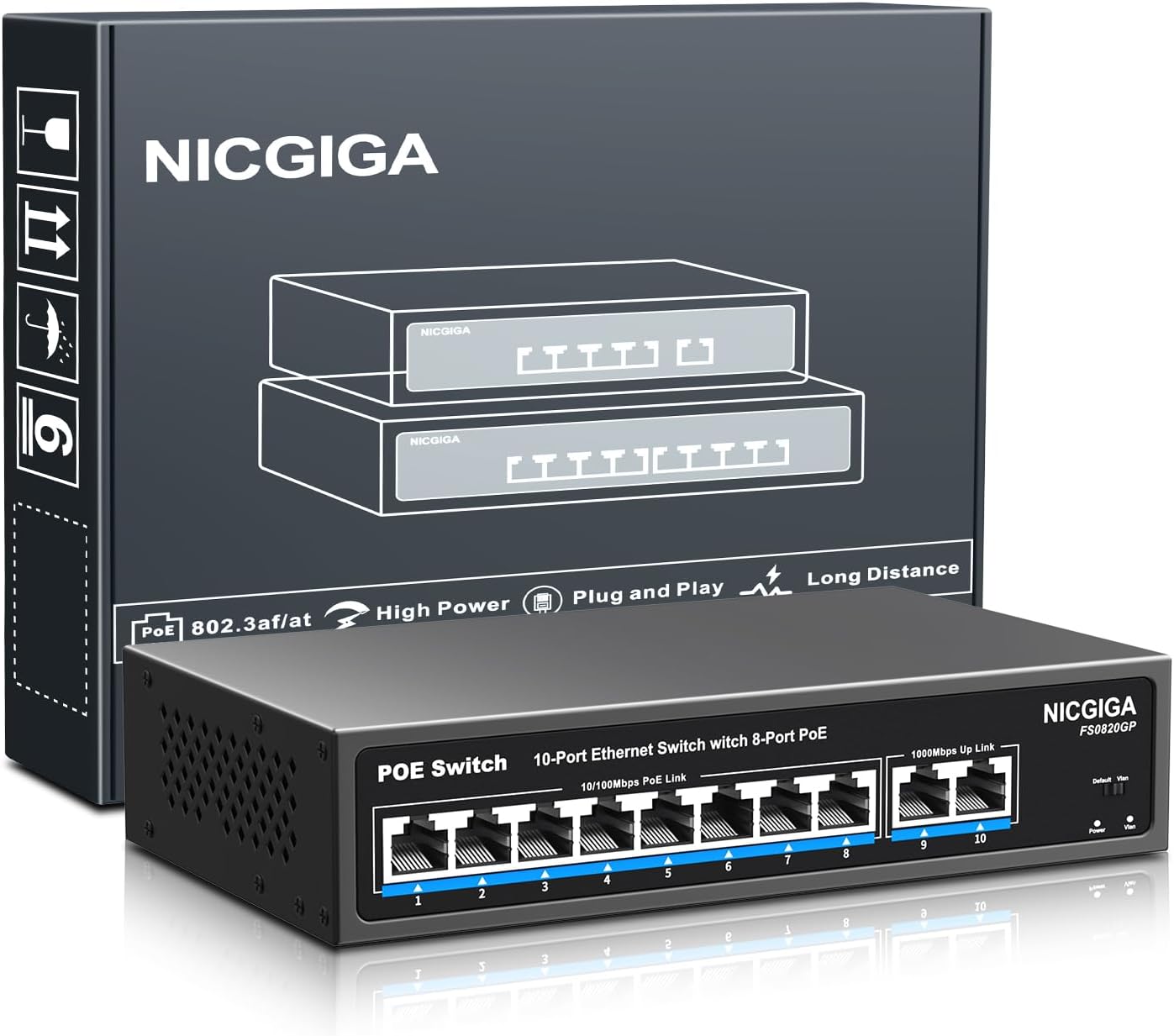 8 Port PoE Switch with 8 Ports 100Mbps PoE+@120W + 2 * Gigabit Uplink Port, NICGIGA 10 Port 802.3af/at Power Over Ethernet Network Switch Unmanaged, VLAN and 250m Extender Mode, Fanless.