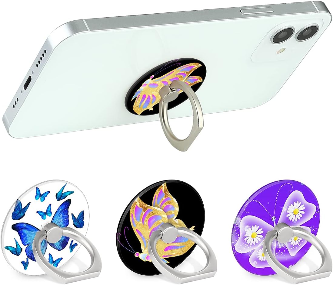 Bonoma Phone Ring Holder, 3 Pack Universal Finger Ring Stand Grip Kickstand Ring for All Smartphones (Butterfly B)