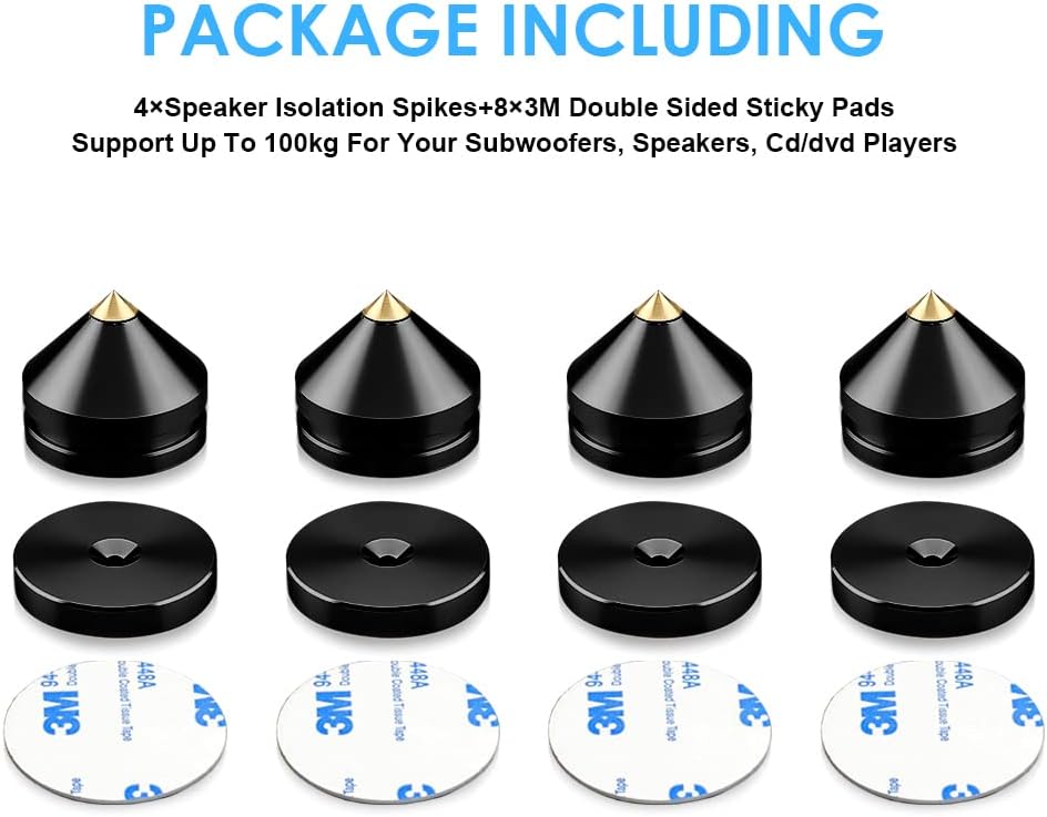 4Pcs Speaker Isolation Spikes Floor Protectors Shockproof Speaker Isolation Spikes with Base Pad for Speaker,Subwoofer,Amplifier,Turntable,Recorder CD DAC with 3m Adhesive (Black)
