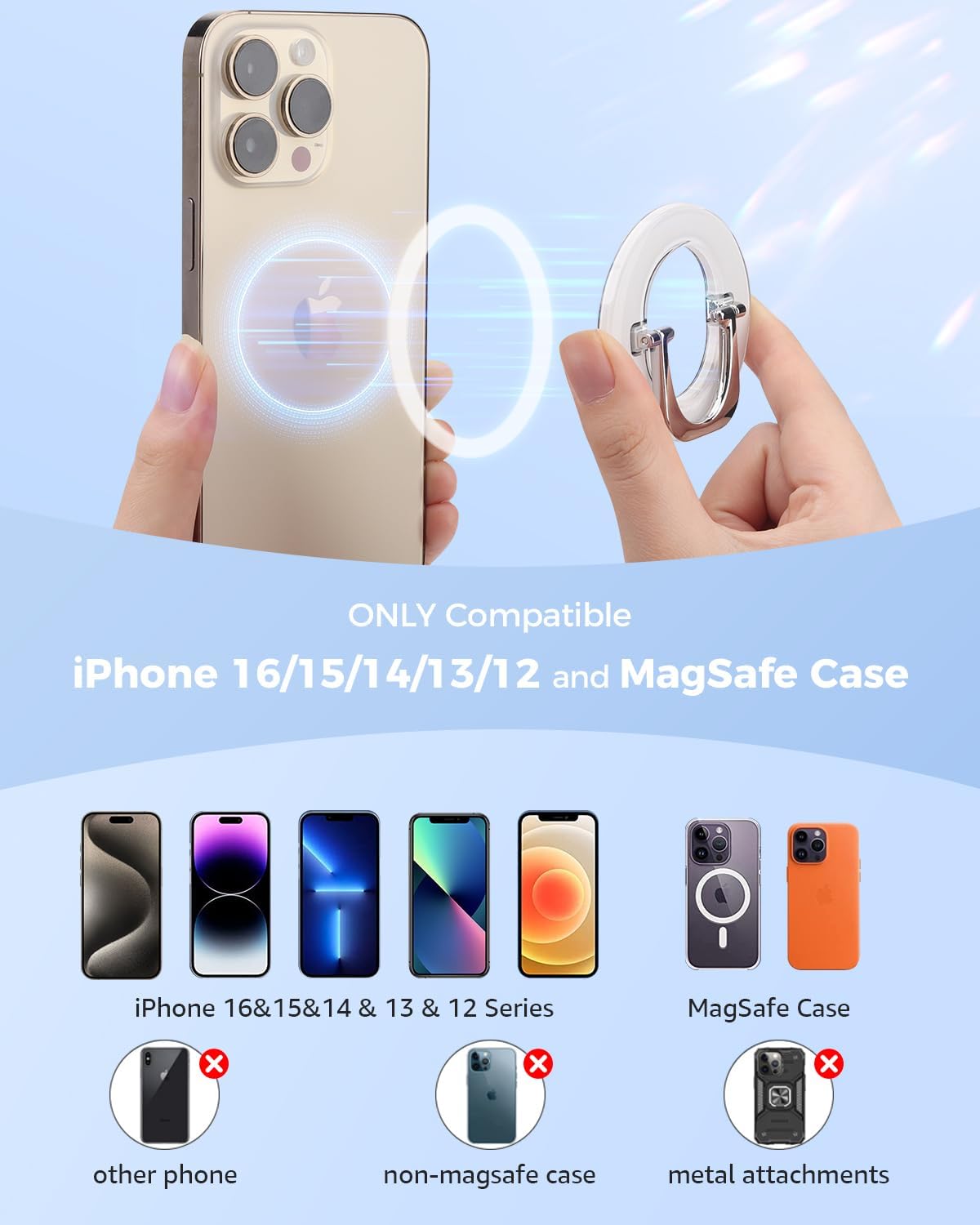 [2025 Newest] SUPERONE for Magsafe Ring Holder, Magnetic Phone Grip with Adjustable Stand, Removable Magnetic Accessories Only for iPhone 16/15/14/13/12 Series and Magsafe Case - Glitter Silver