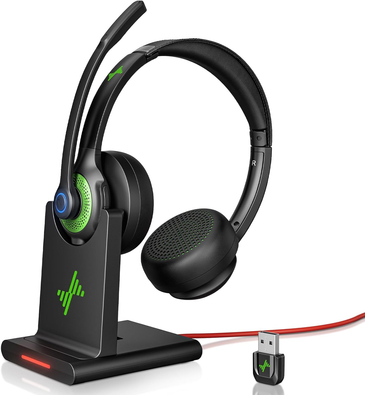 Wireless Headset with AI Noise Cancelling Microphone Bluetooth Headset - Bluetooth V5.2 Headphones with USB Dongle, Charging Base & Mic Mute for Computer/Laptop/PC/iPhone/Android/Cell Phones-Green