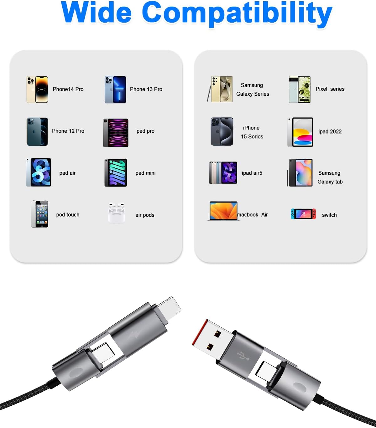 4 in 1 USB C Cable, 2Pack 6FT Round Braided Multi Fast Charging Cable, PD 65W 27W, 480Mbps Data Transfer, Compatible with iPhone/iPad/Samsung/MacBook