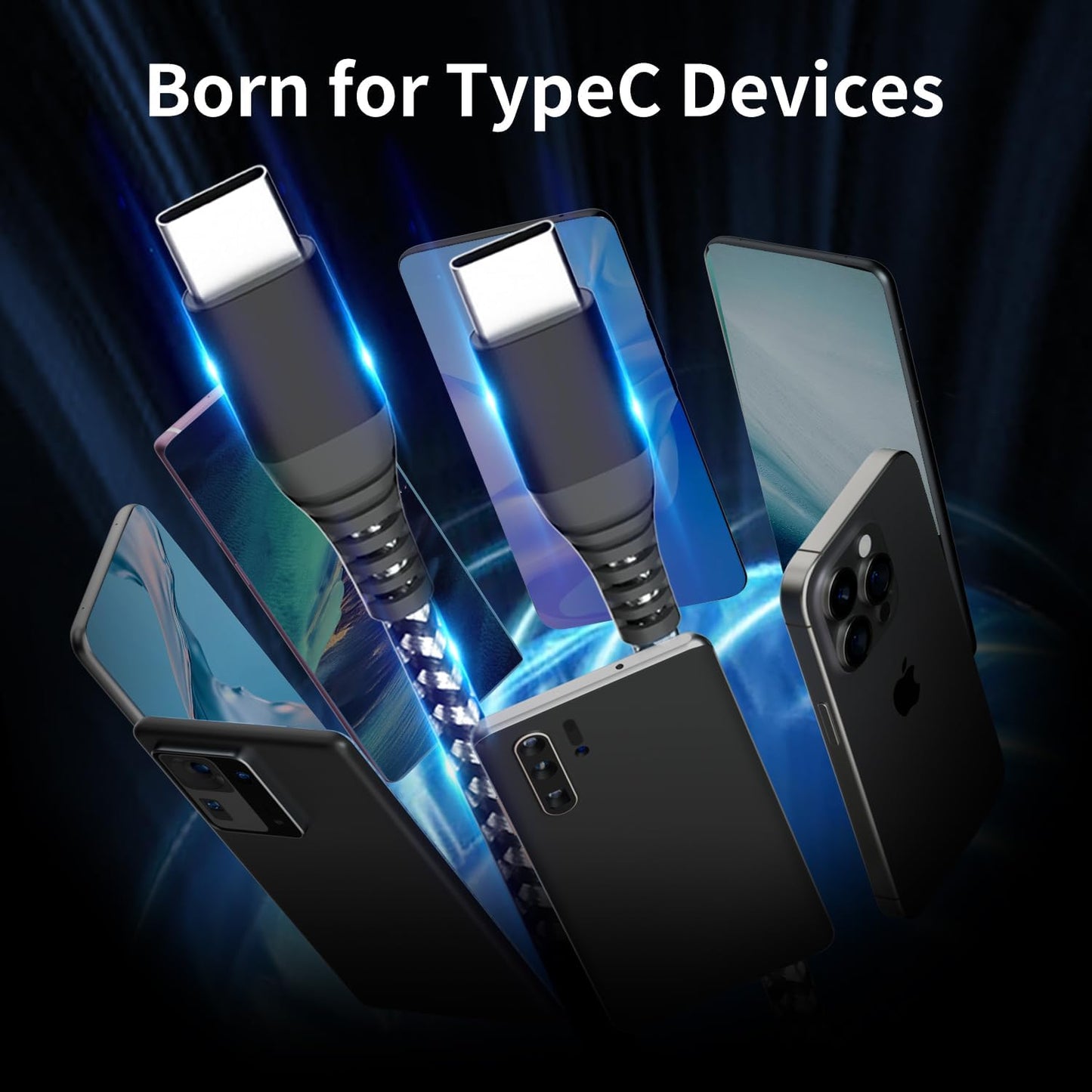 USB C to USB C Cable 60W(3A), Nylon Braided Type-C Charger Cable Fast Charging for iPhone 15 Pro Max Plus/Samsung S23, Switch, Pad and More(3FT 3Pack)