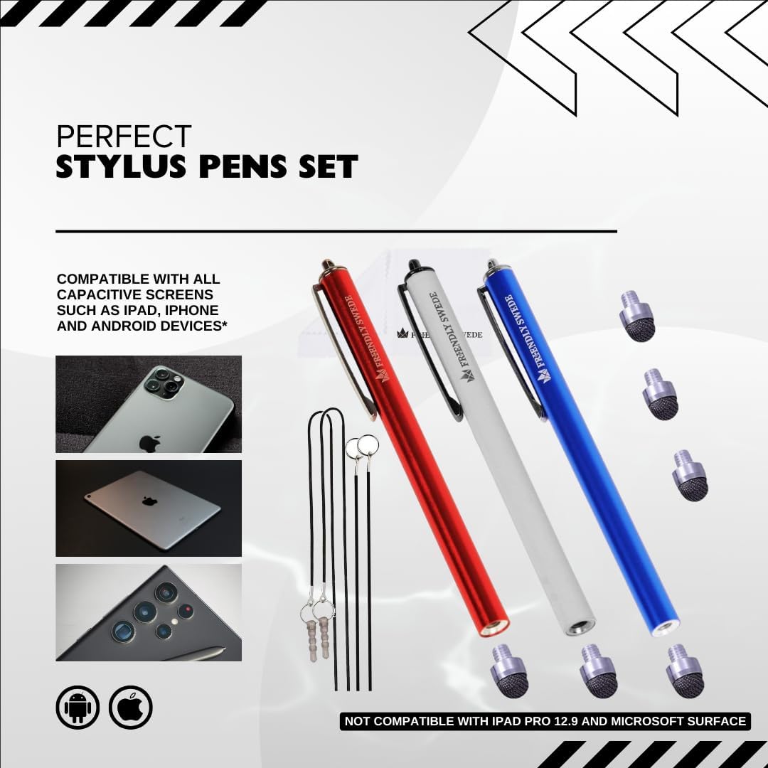 The Friendly Swede Mesh Tip Stylus Pen for Touchscreen — 3-Pack Micro-Knit Capacitive Stylus Pen for iPad & iPhone with 3 Replaceable Fiber Tips, Elastic Lanyards & Screen Cleaning Cloth